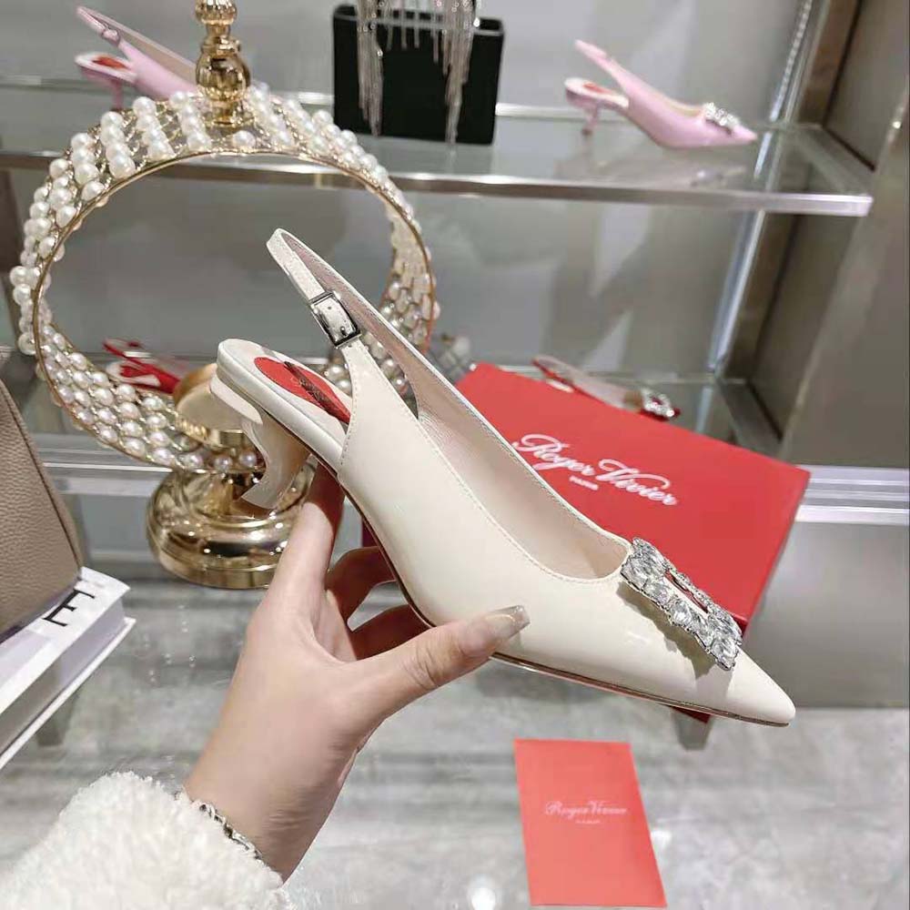 Roger Vivier Women Virgule Strass Buckle Slingback Pumps in Patent Leather-White - image 7