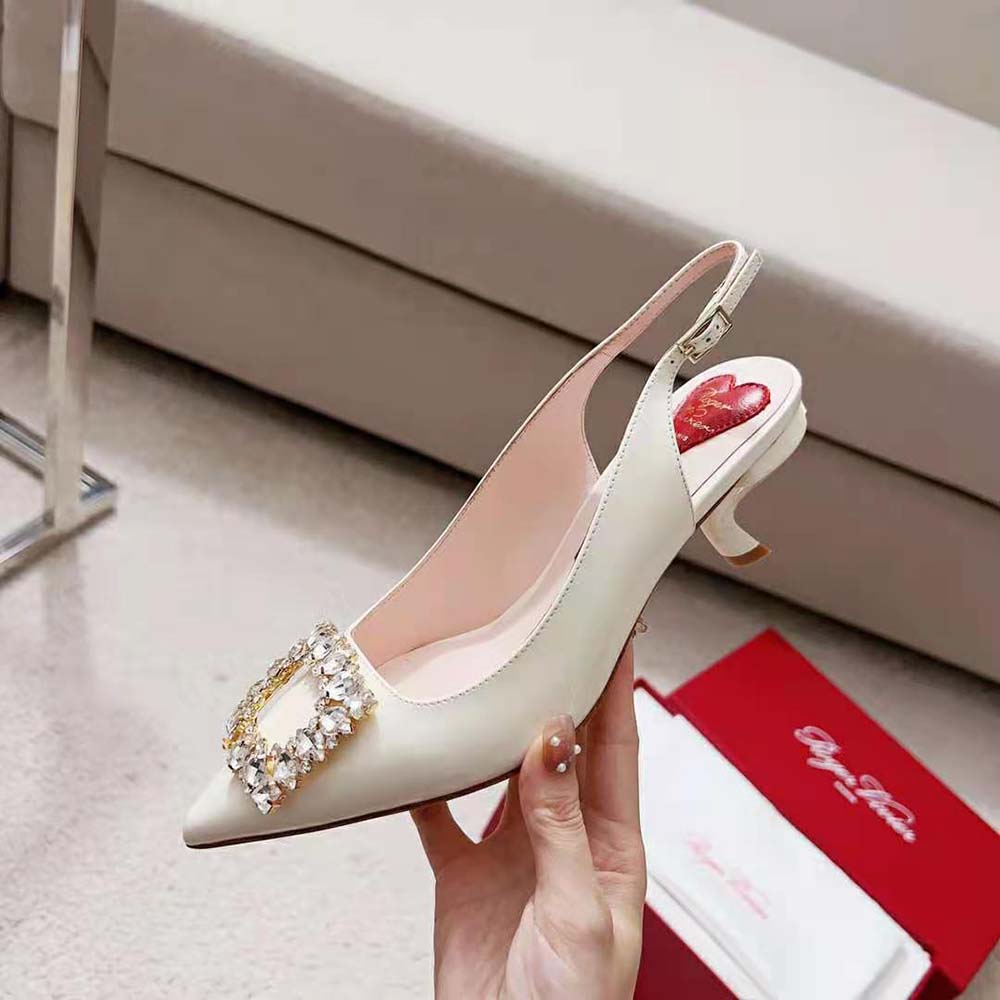 Roger Vivier Women Virgule Strass Buckle Slingback Pumps in Patent Leather-White - image 6