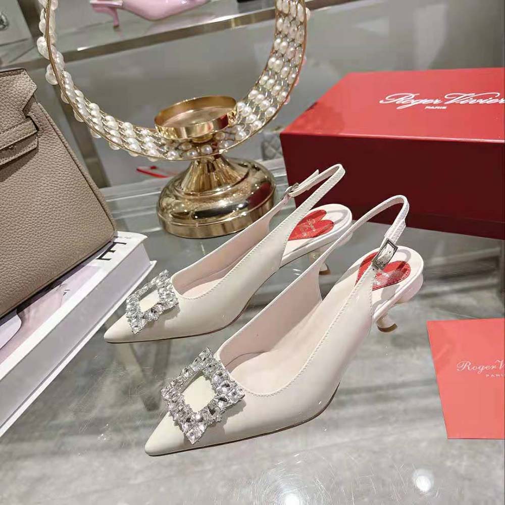 Roger Vivier Women Virgule Strass Buckle Slingback Pumps in Patent Leather-White - image 4