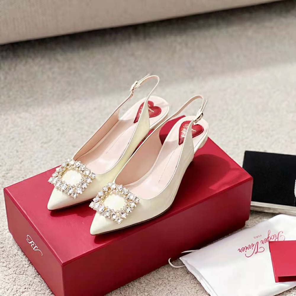 Roger Vivier Women Virgule Strass Buckle Slingback Pumps in Patent Leather-White - image 4