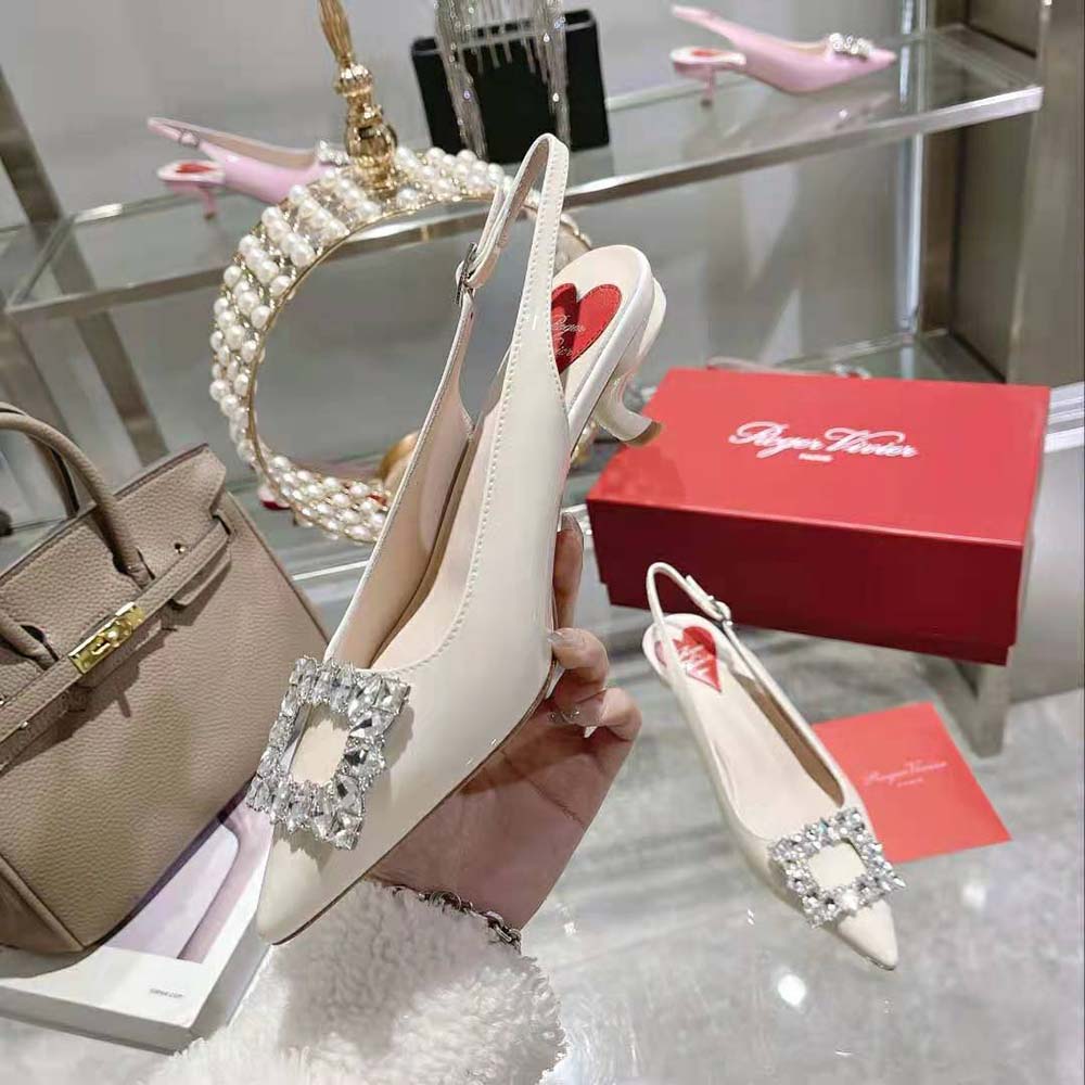 Roger Vivier Women Virgule Strass Buckle Slingback Pumps in Patent Leather-White - image 5