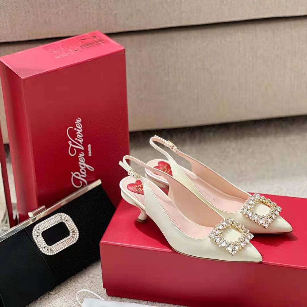 Roger Vivier Women Virgule Strass Buckle Slingback Pumps in Patent Leather-White - image 5