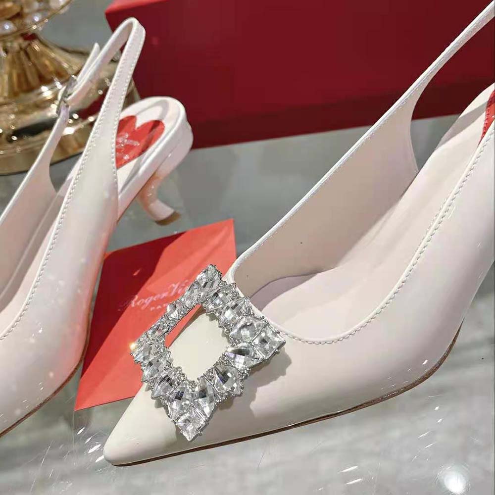 Roger Vivier Women Virgule Strass Buckle Slingback Pumps in Patent Leather-White - image 9