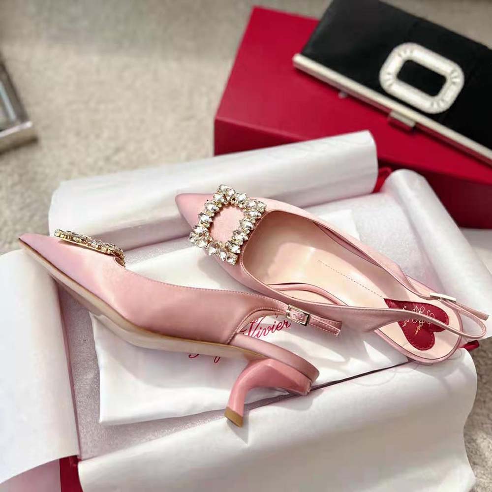 Roger Vivier Women Virgule Strass Buckle Slingback Pumps in Satin-Pink - image 6