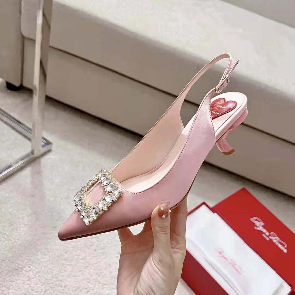Roger Vivier Women Virgule Strass Buckle Slingback Pumps in Satin-Pink - image 7