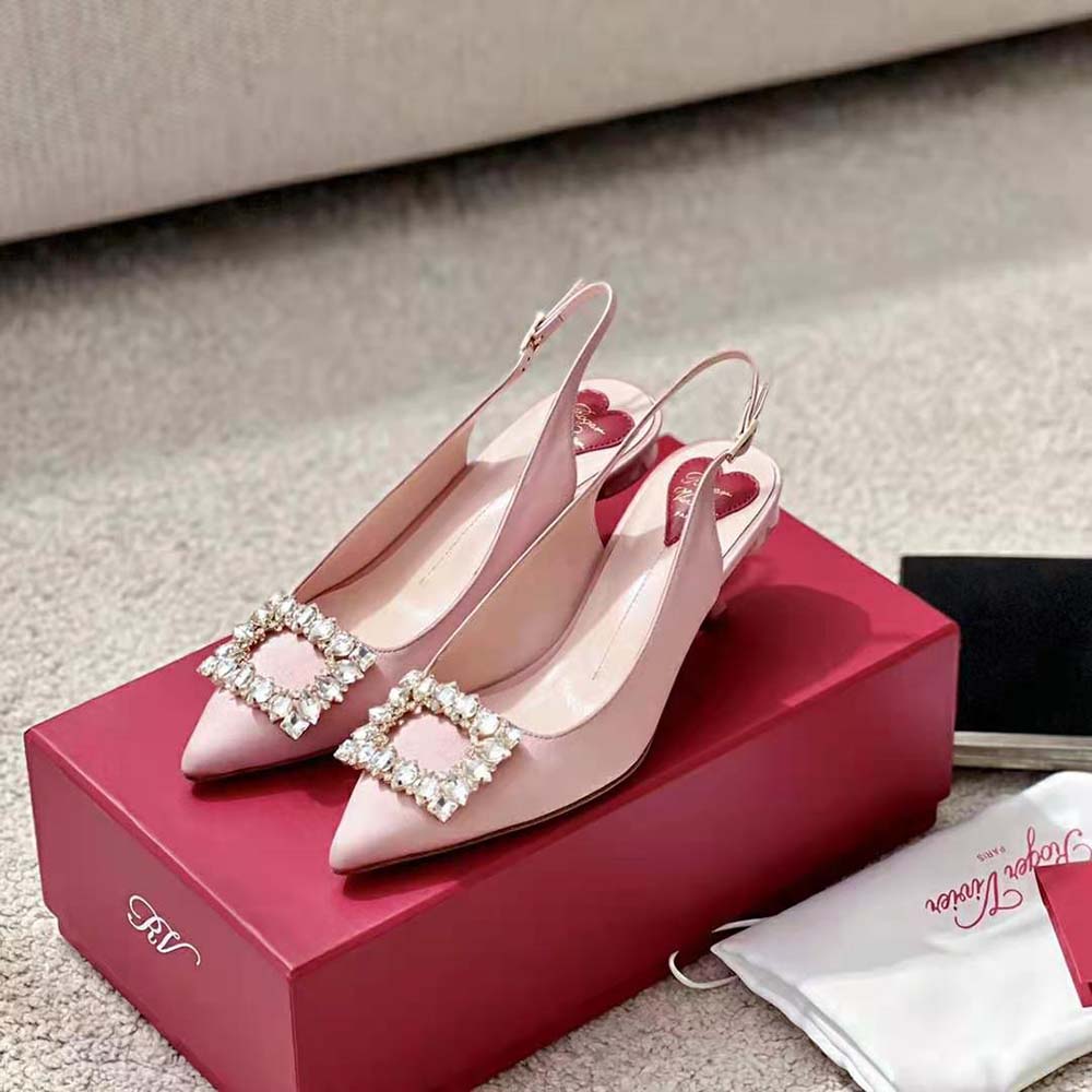 Roger Vivier Women Virgule Strass Buckle Slingback Pumps in Satin-Pink - image 5