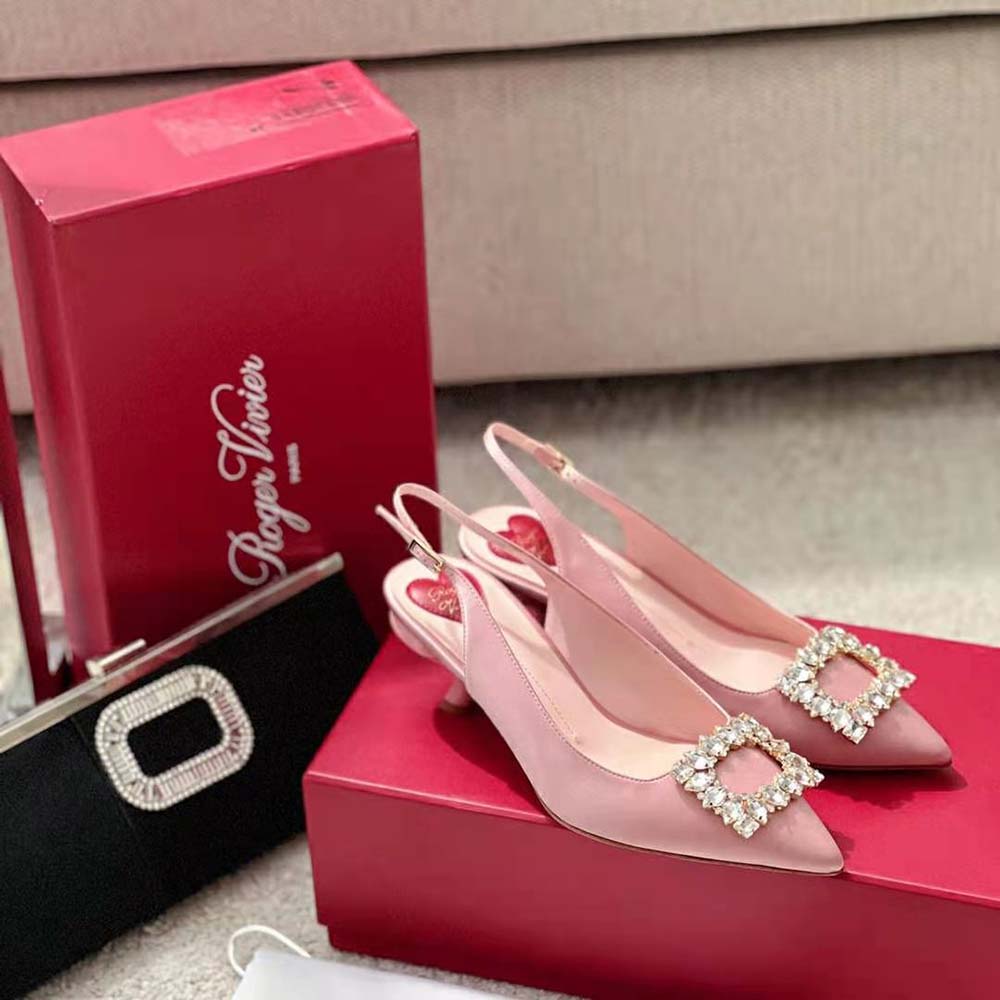Roger Vivier Women Virgule Strass Buckle Slingback Pumps in Satin-Pink - image 4