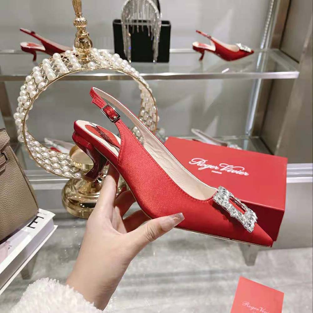 Roger Vivier Women Virgule Strass Buckle Slingback Pumps in Satin-Red - image 7