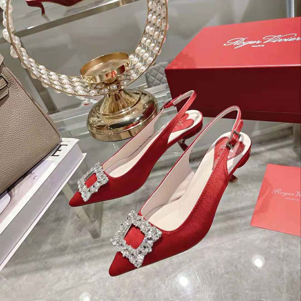 Roger Vivier Women Virgule Strass Buckle Slingback Pumps in Satin-Red - image 4