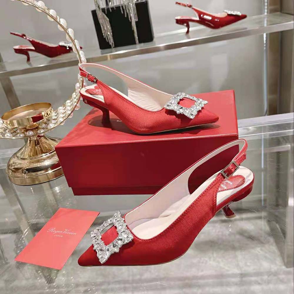 Roger Vivier Women Virgule Strass Buckle Slingback Pumps in Satin-Red - image 5