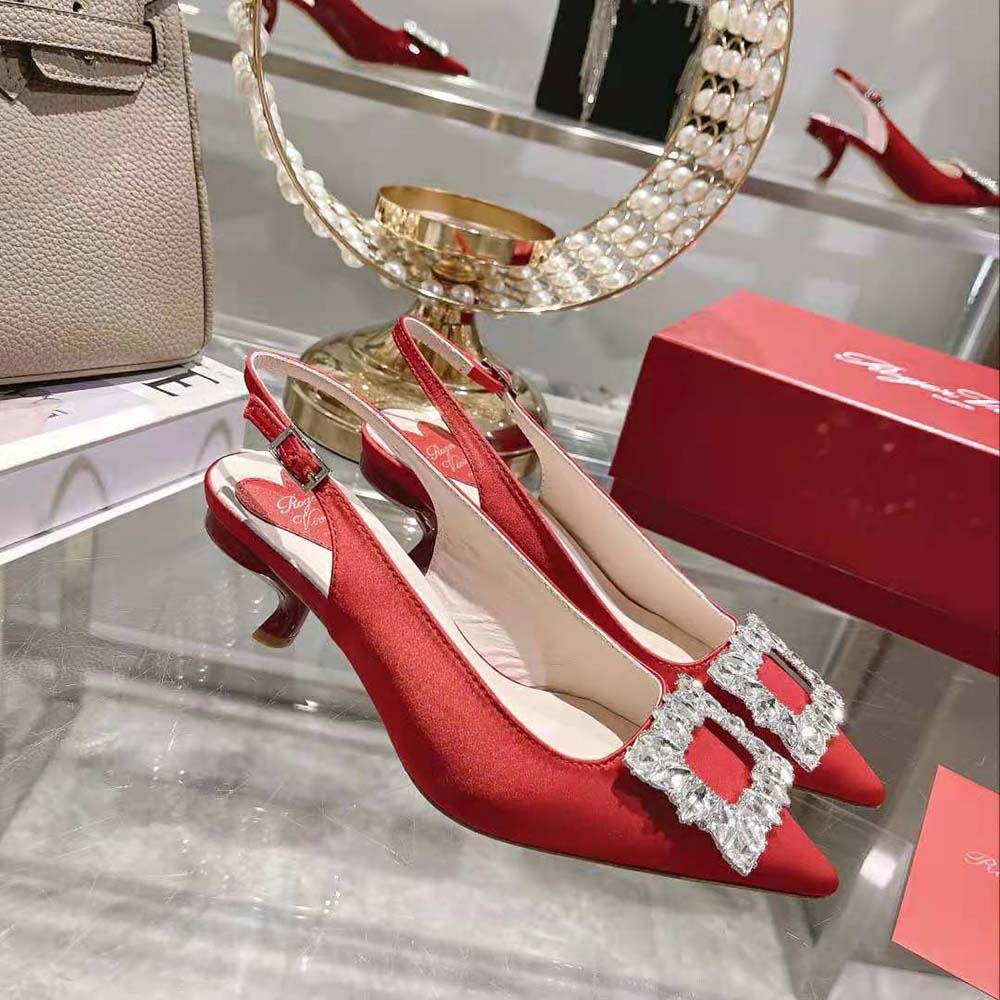 Rear view showing slingback strap of Roger Vivier Women Virgule Satin Pumps