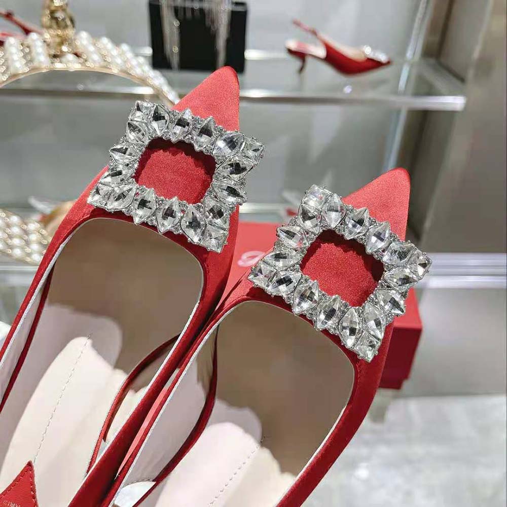 Roger Vivier Women Virgule Strass Buckle Slingback Pumps in Satin-Red - image 8