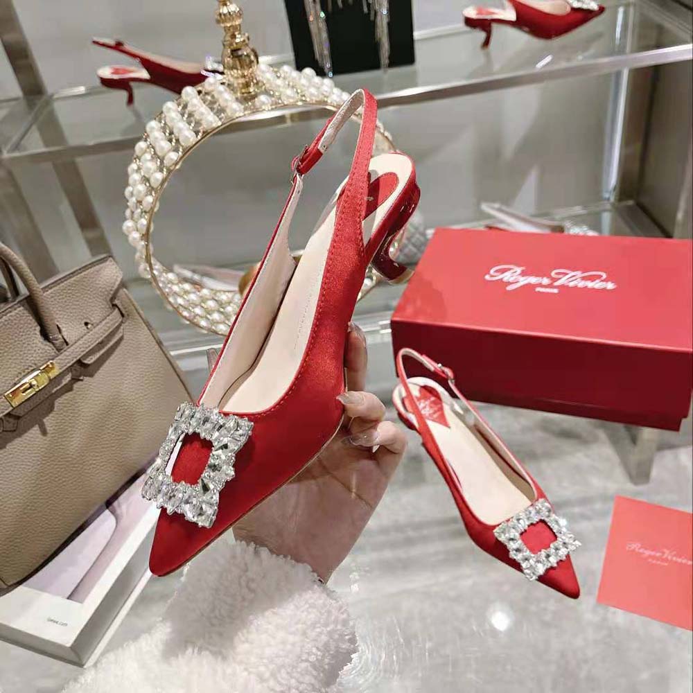 Roger Vivier Women Virgule Strass Buckle Slingback Pumps in Satin-Red - image 6