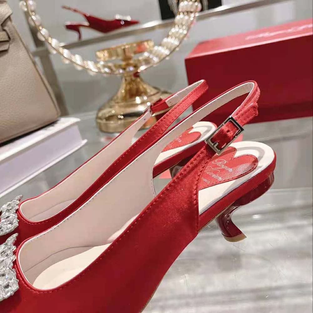Roger Vivier Women Virgule Strass Buckle Slingback Pumps in Satin-Red - image 9