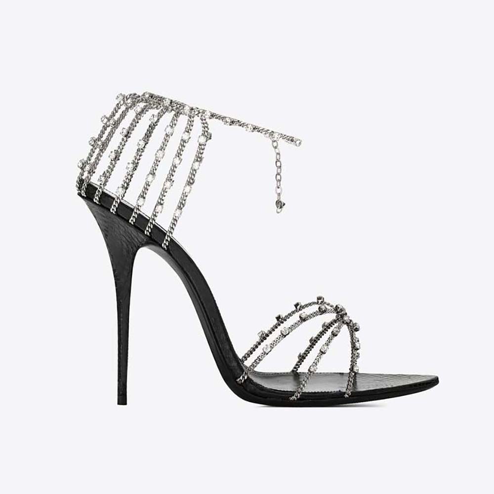 Side profile of Saint Laurent YSL Women Alex Chain Sandals in black lacquered leather