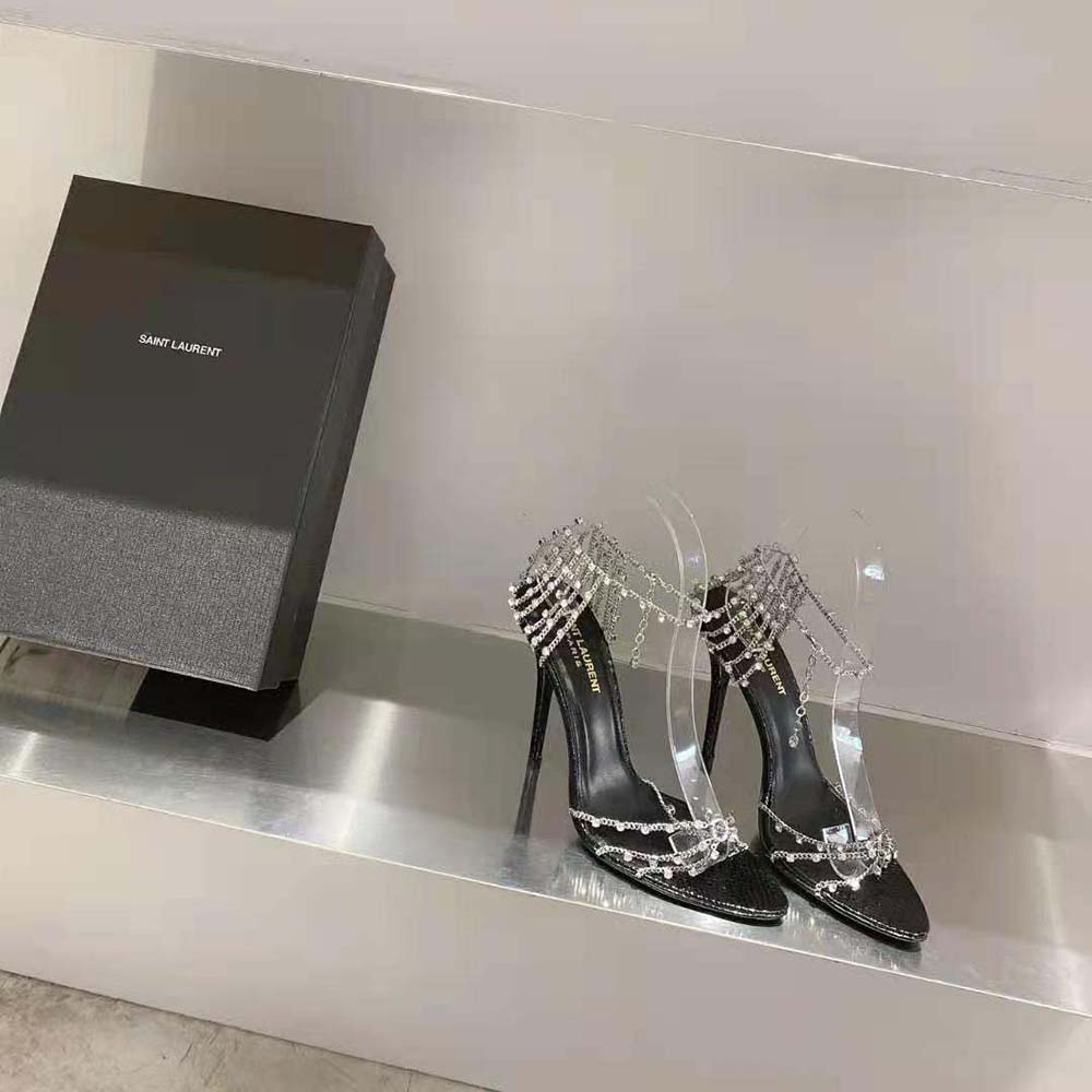 Front angle showing buckle and high heel on Saint Laurent YSL Women Alex Chain Sandals
