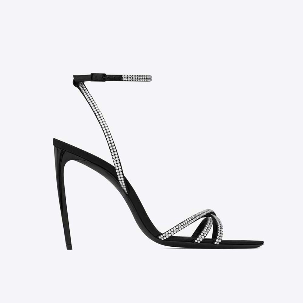 Front angle of Saint Laurent YSL Women Ava Sandals in black crepe satin