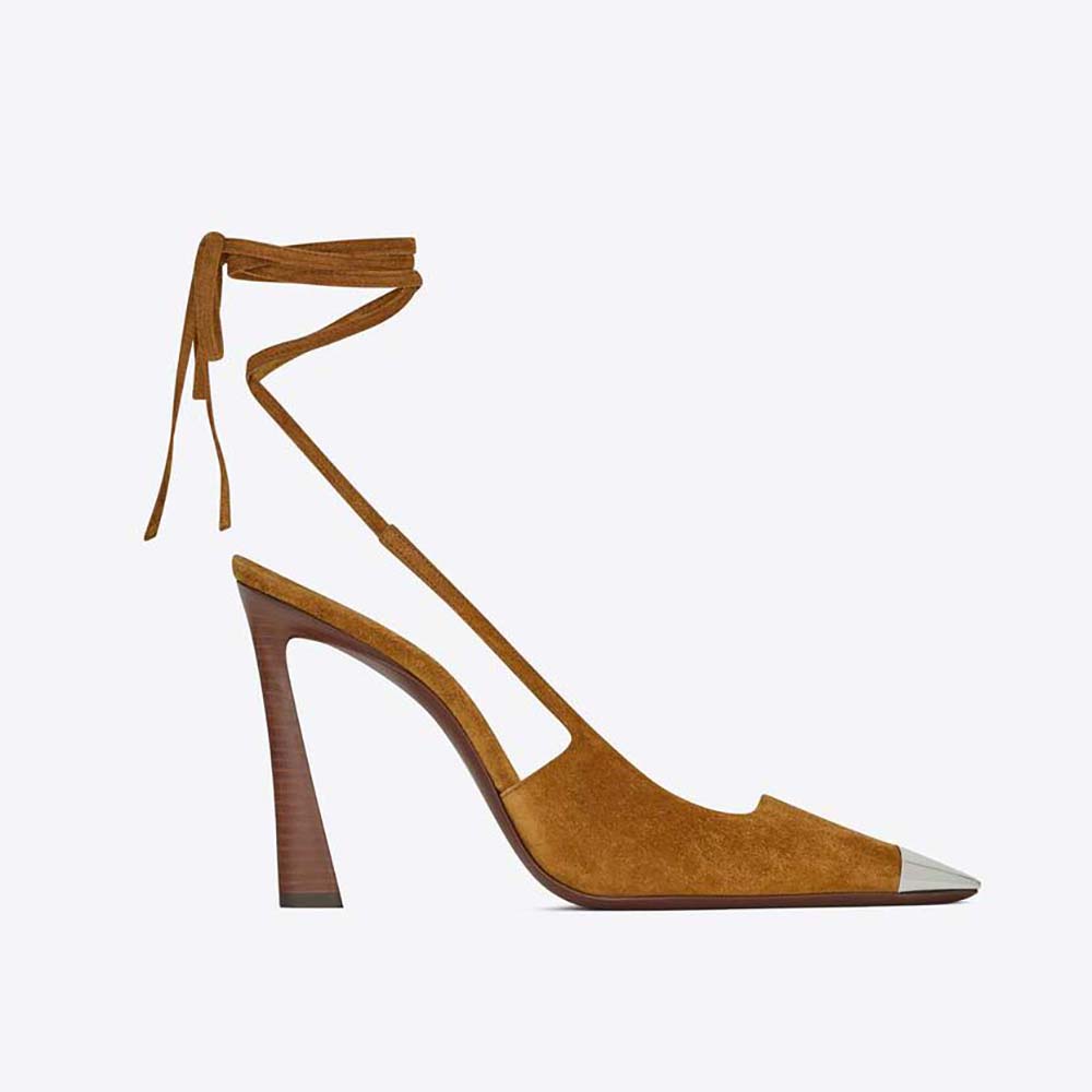 Side angle of Saint Laurent YSL Women Blade Slingback Pumps in suede-brown