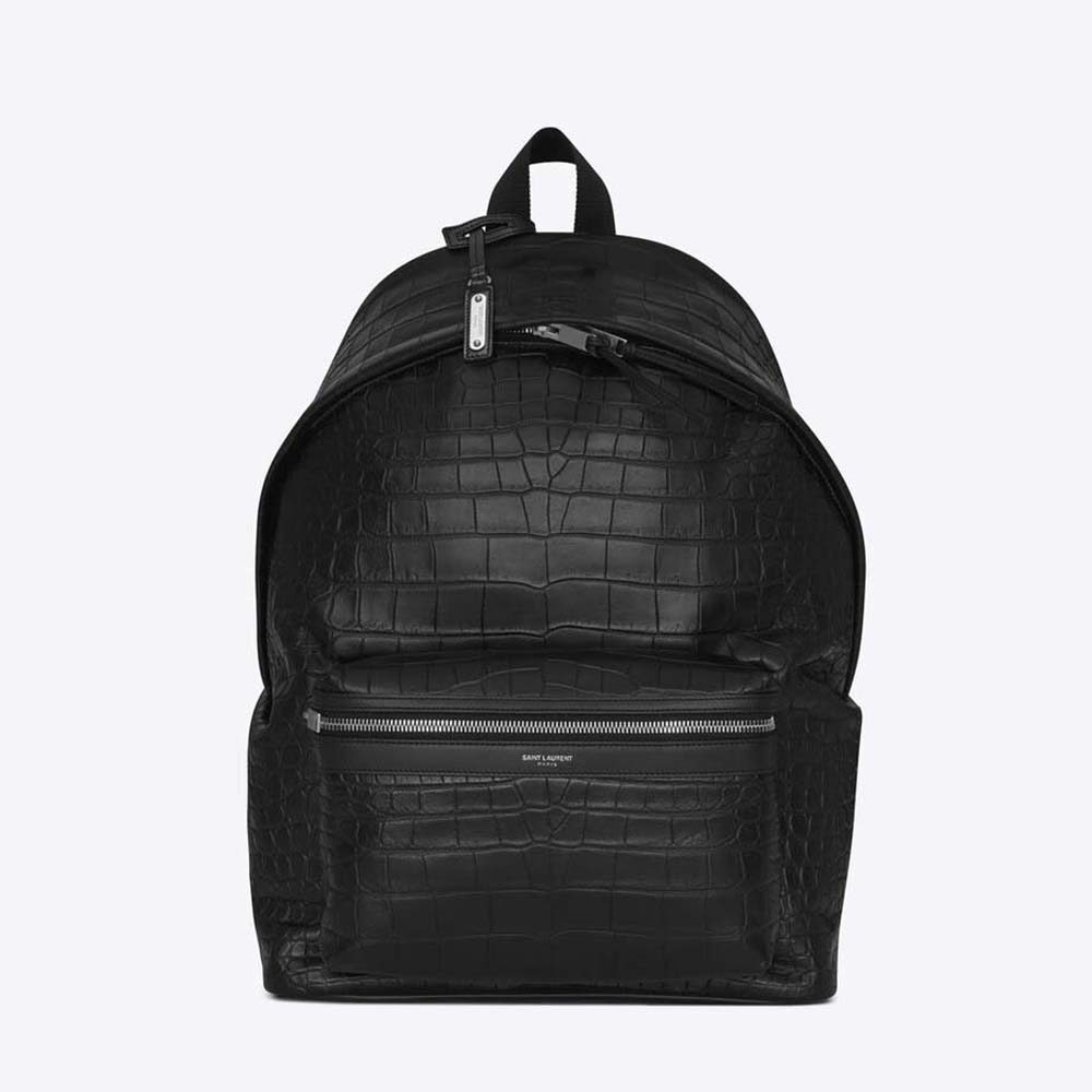Front view of Saint Laurent YSL Women City Backpack in black leather