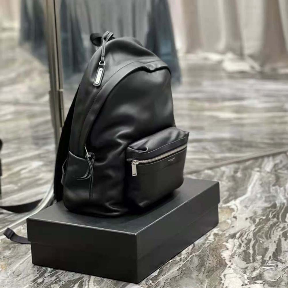 Side angle showing adjustable straps on Saint Laurent YSL City Backpack