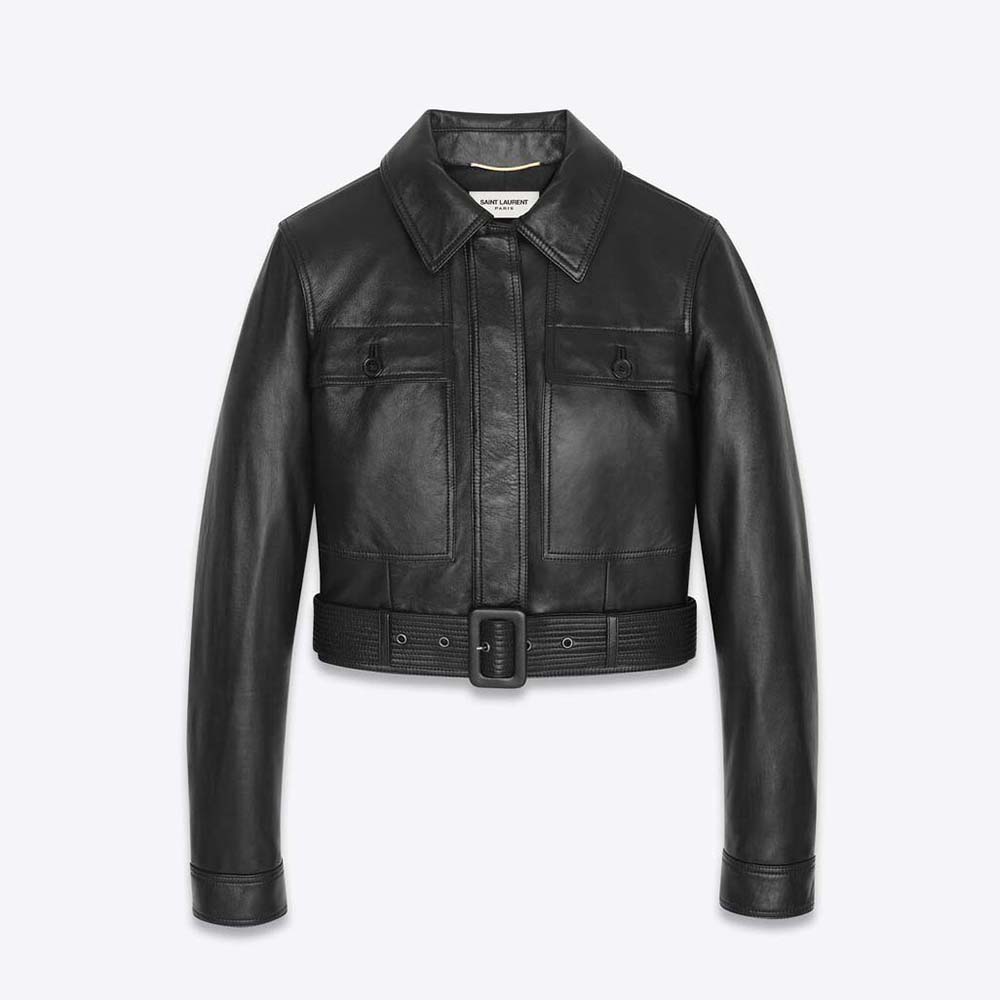 Front view of Saint Laurent YSL Women Cropped Jacket in Black lambskin