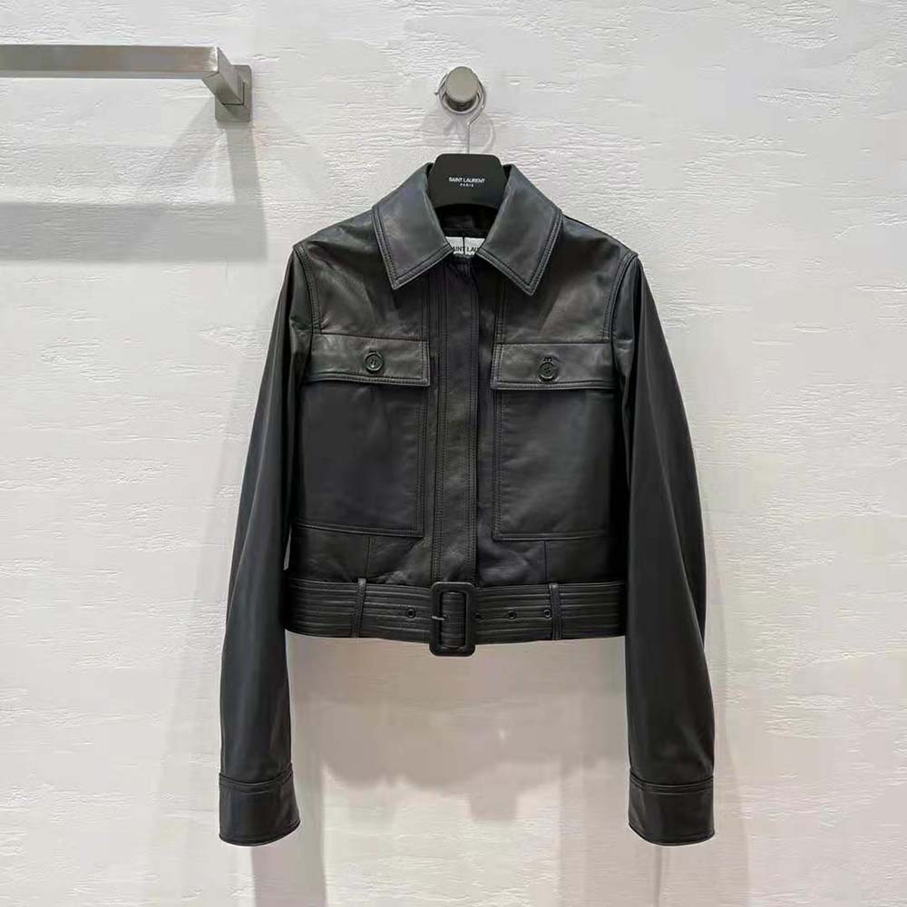 Close-up of silver YSL logo hardware on cropped lambskin jacket