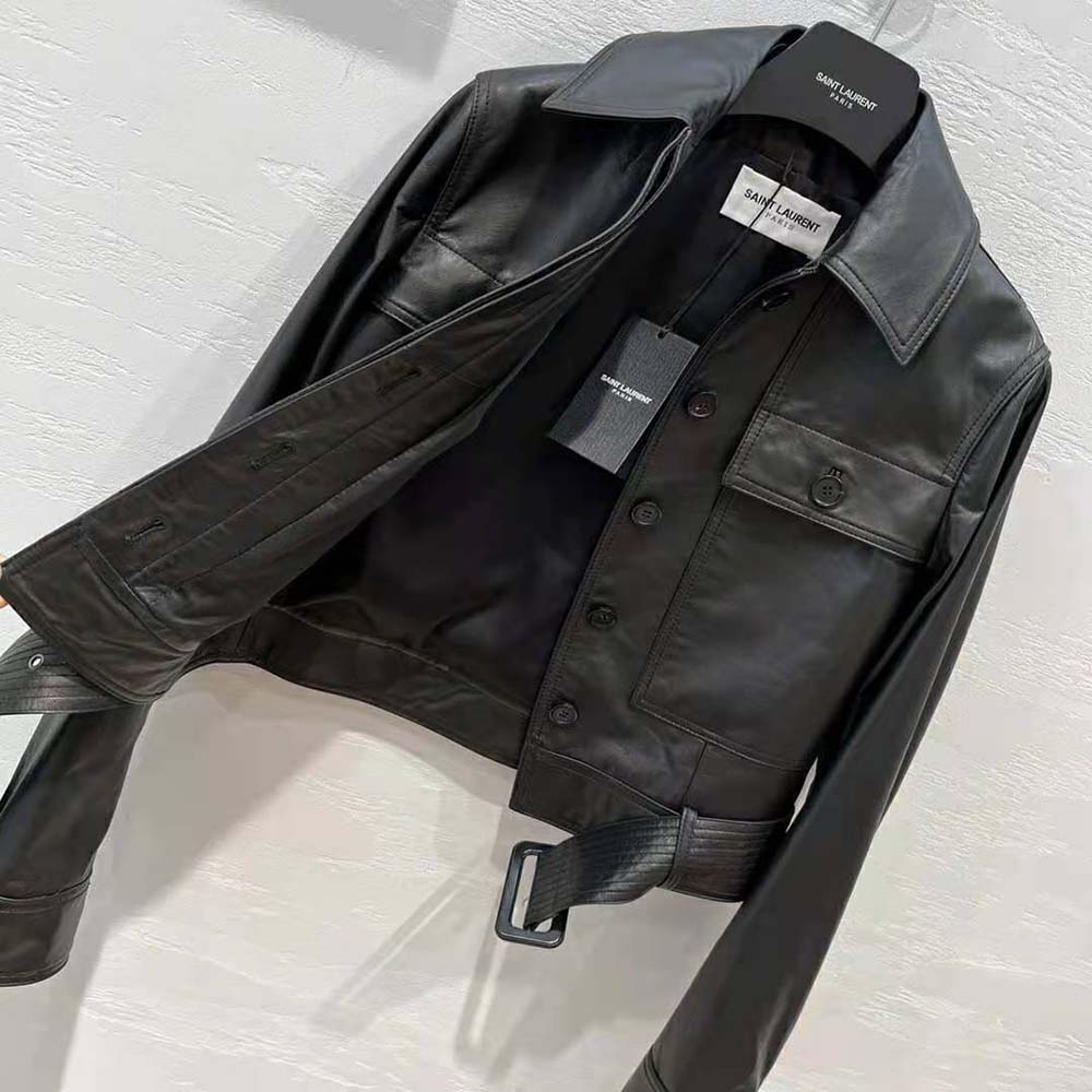 Saint Laurent YSL Women Cropped Jacket in Drummed Lambskin-Black - image 4
