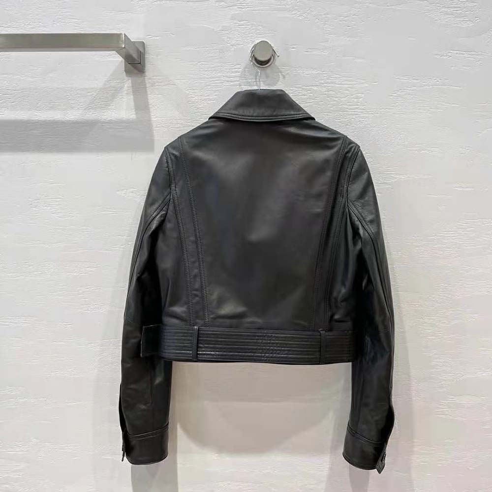 Side profile showing silhouette of Saint Laurent YSL Black lambskin jacket