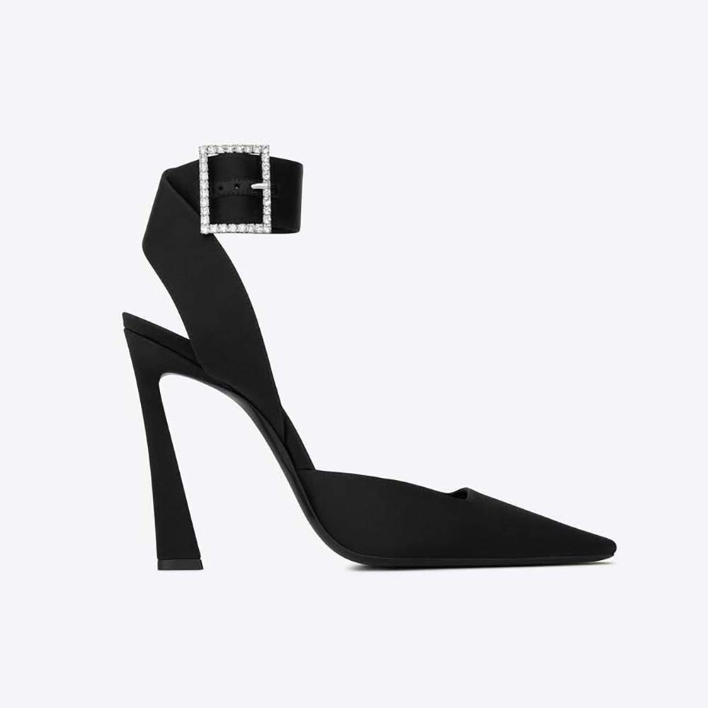Side profile of Saint Laurent YSL Women Fanny Slingback Pumps in black crepe satin