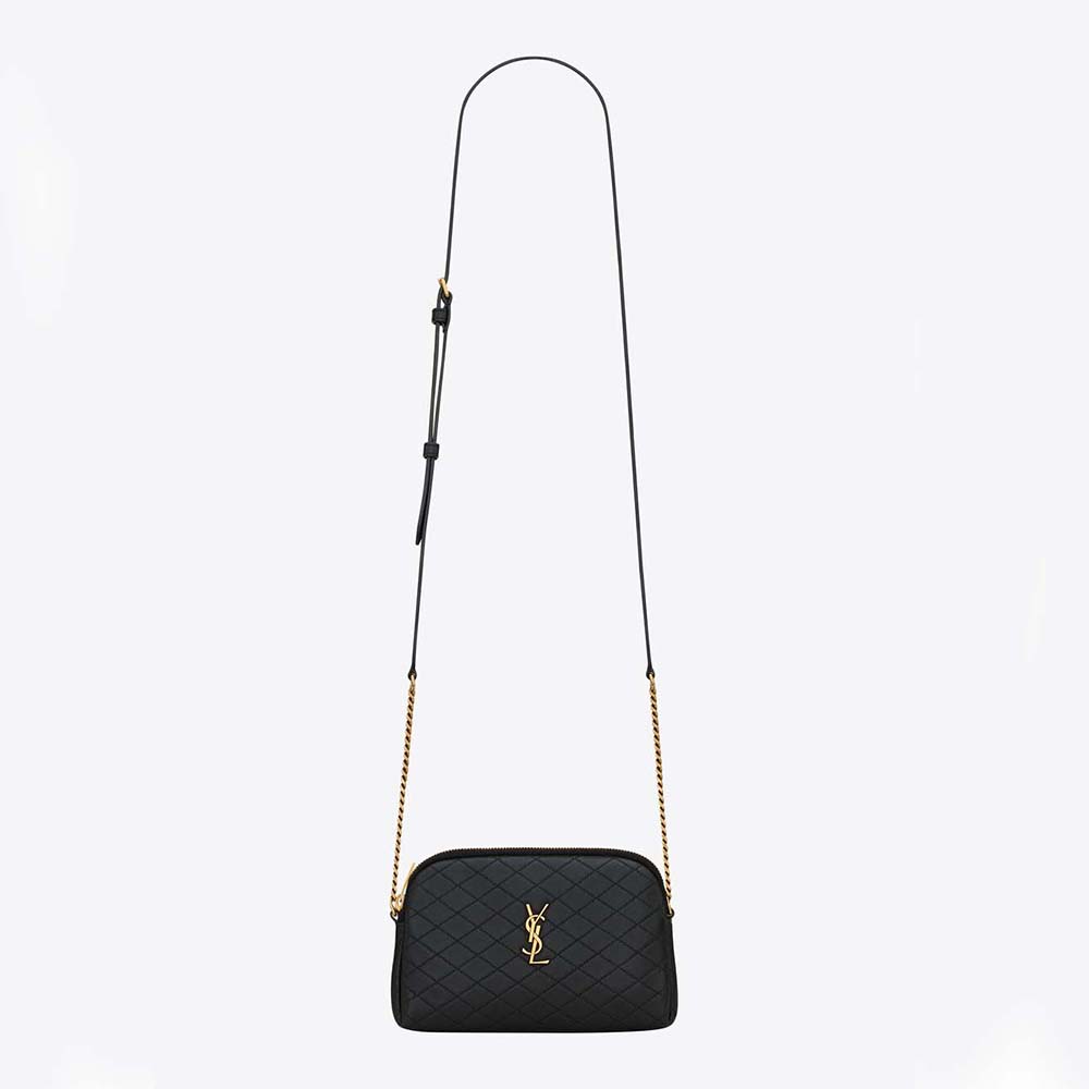 Front view of Saint Laurent YSL Women Gaby Zipped Pouch in Quilted Lambskin-Black