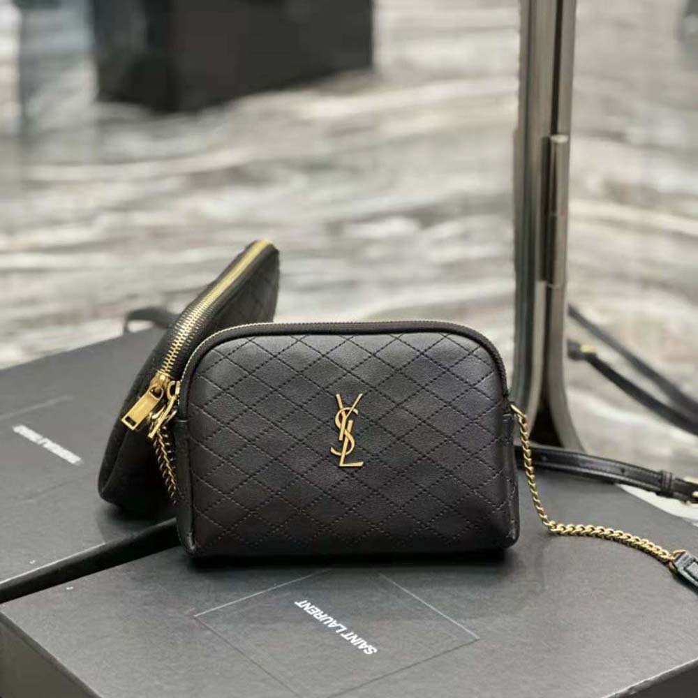 Close-up of gold YSL hardware on Gaby zipped pouch black lambskin