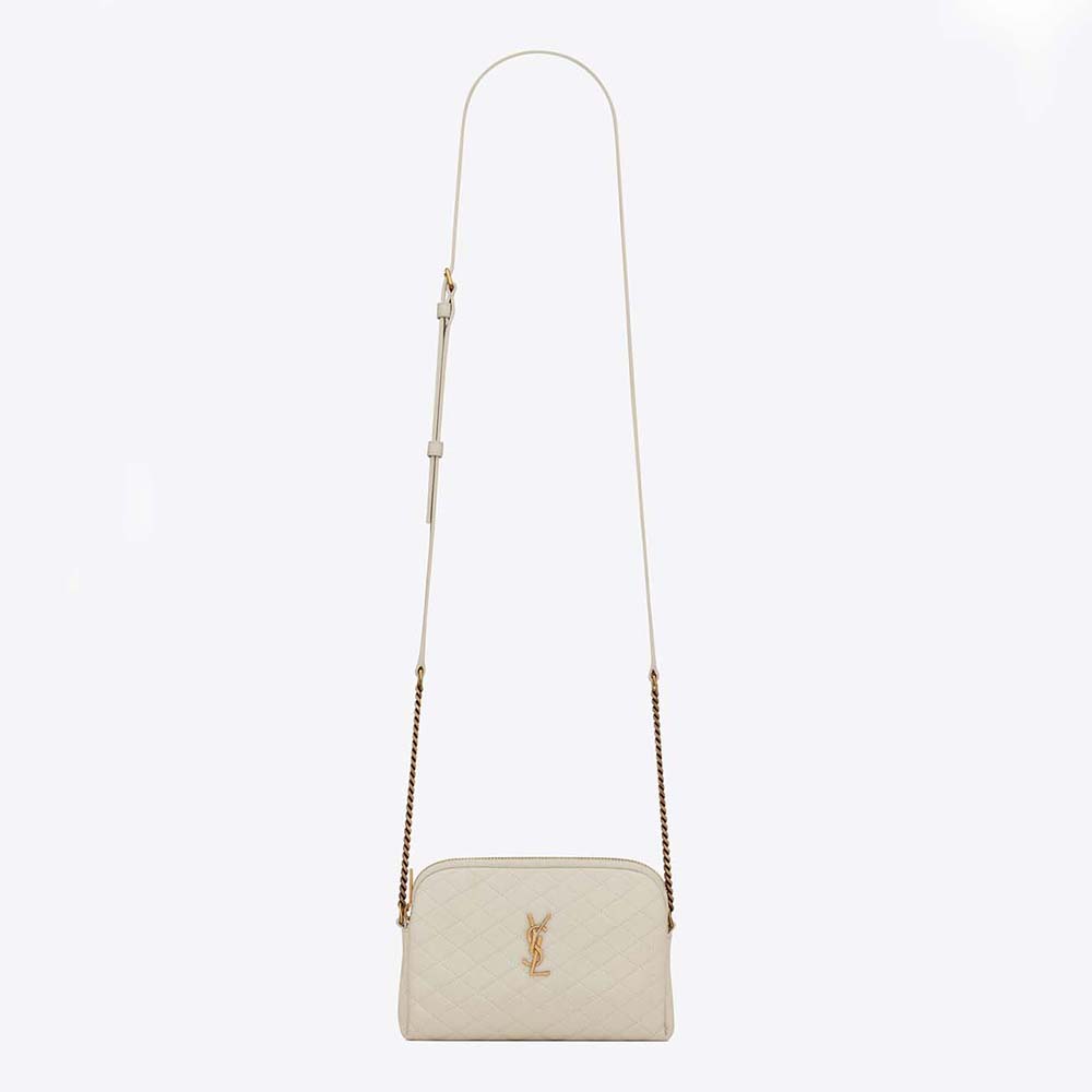 Front view of Saint Laurent YSL Women Gaby Zipped Pouch in white lambskin