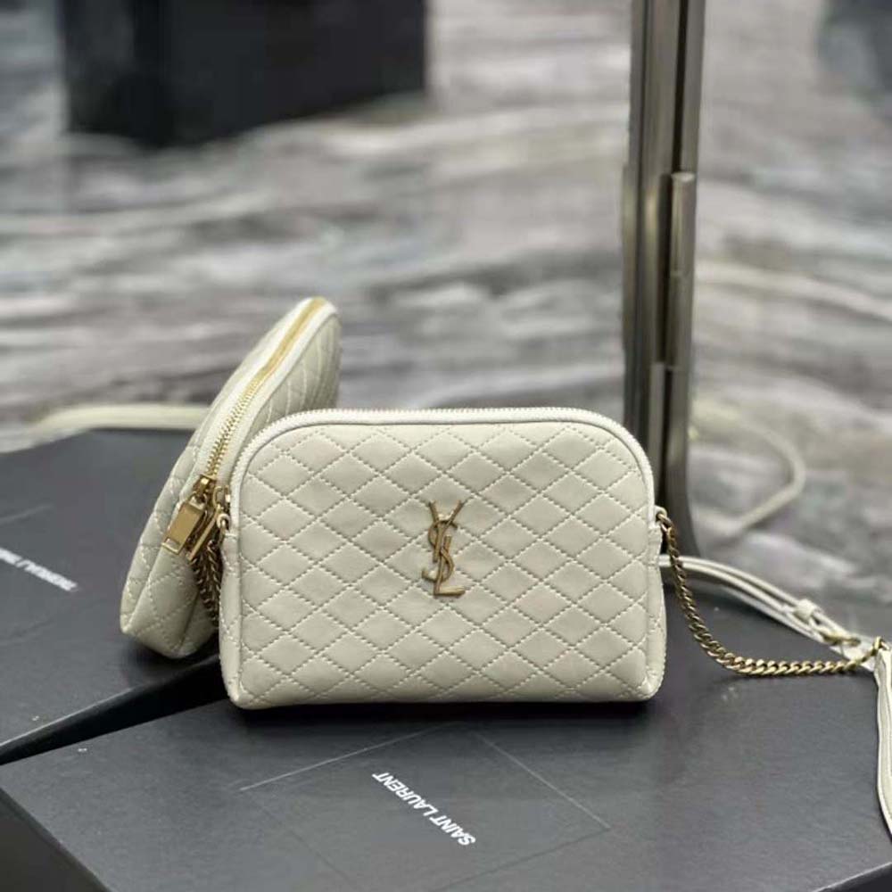 Close-up of quilted lambskin texture and silver YSL hardware pouch