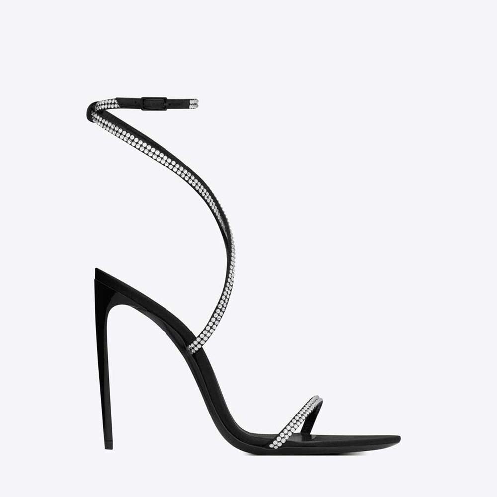 Side view of Saint Laurent YSL Women Georgia Sandals in black crepe satin