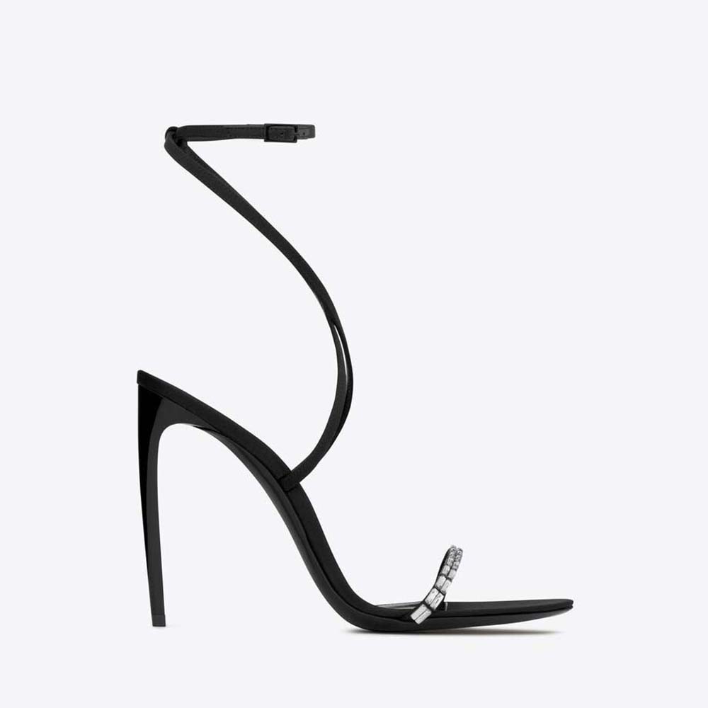 Side view of Saint Laurent YSL Women Gloria Sandals in black crepe satin