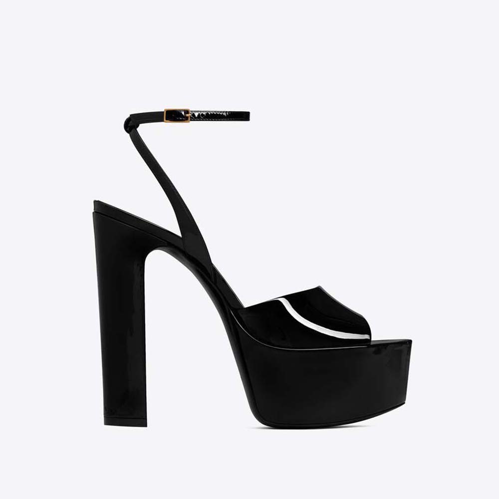 Side profile of Saint Laurent YSL Women Jodie Platform Sandals in black patent leather