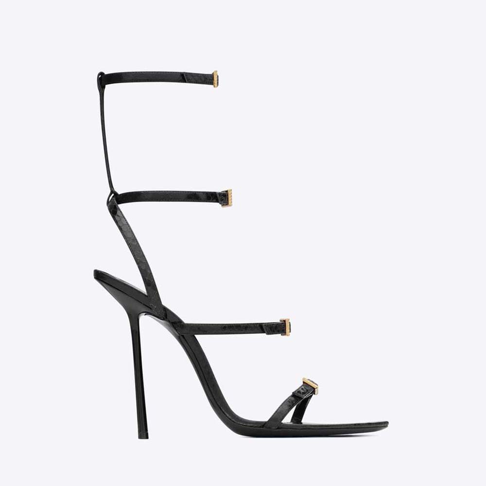 Front view of Saint Laurent YSL Women Nuit Sandals in glossy pink lacquered Ayers