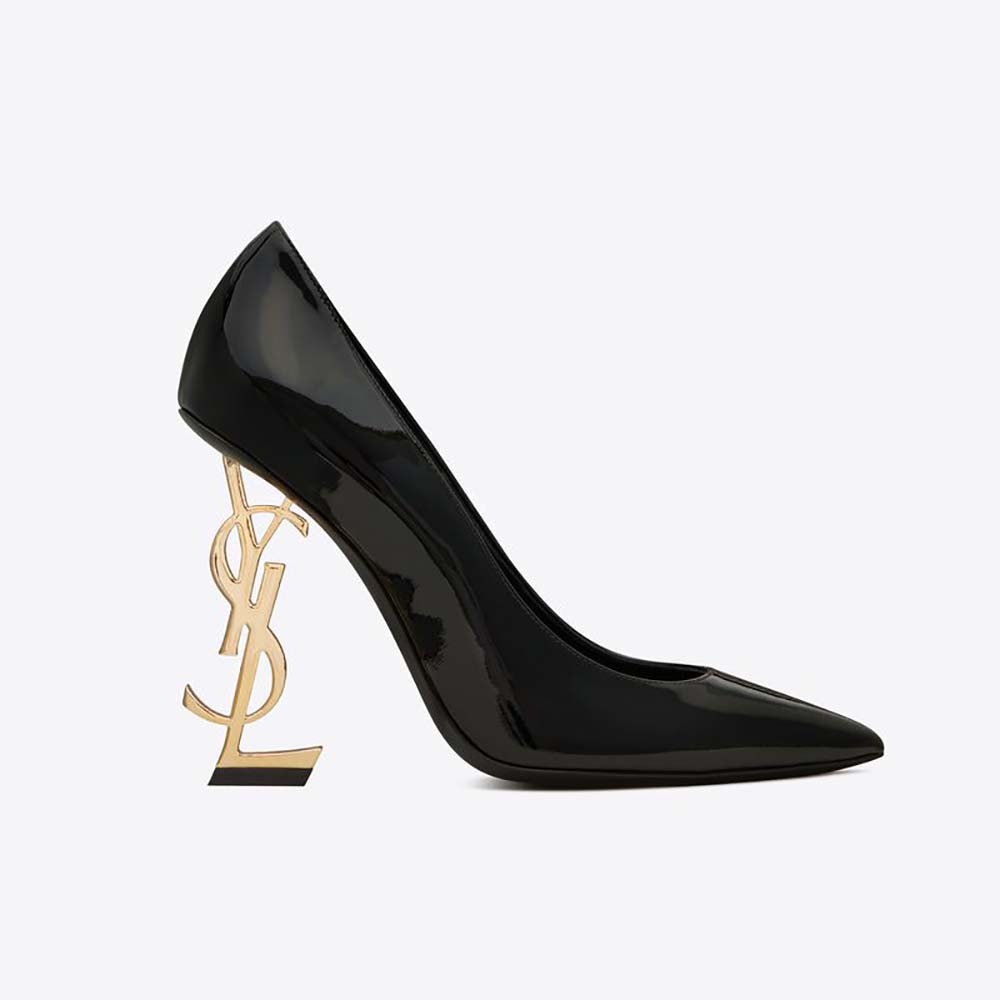 Front angle of Saint Laurent YSL Women Opyum Pumps in black patent leather