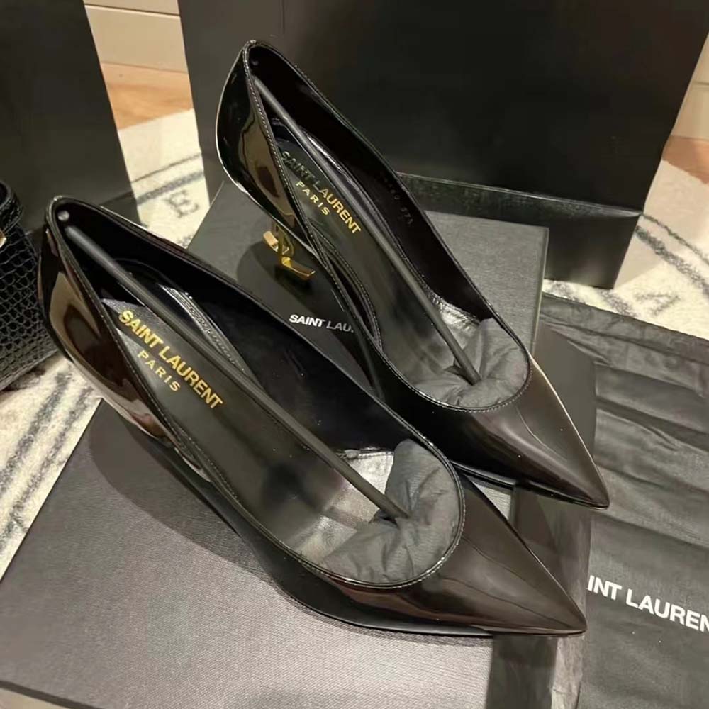 Side view showcasing signature YSL cut-out heel on Opyum Pumps