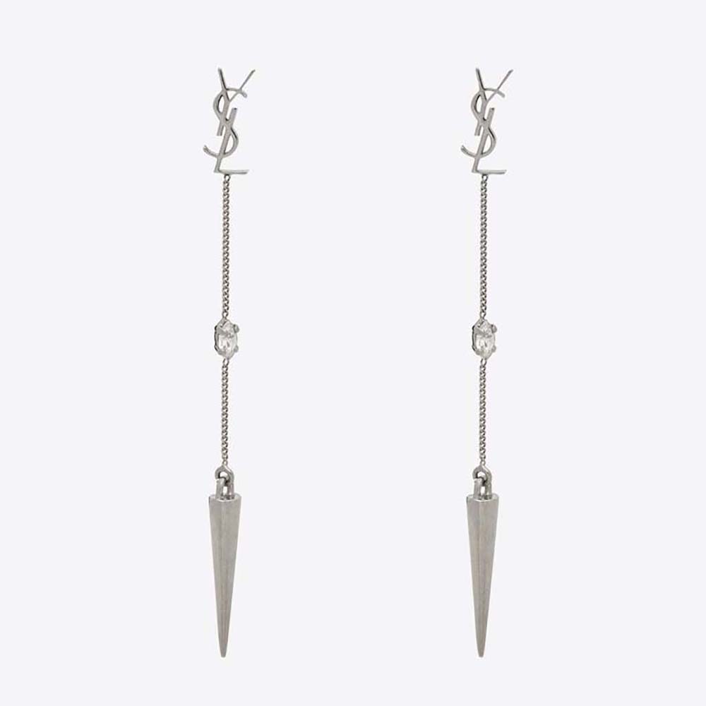 Front close-up of Saint Laurent YSL Women Opyum YSL Rhinestone Spike Earrings in Metal