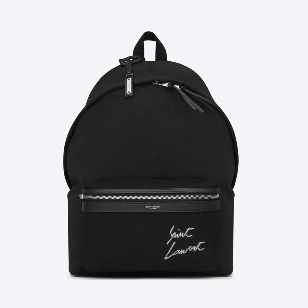 Front view of Saint Laurent YSL Women Saint Laurent Embroidered City Backpack in Canvas