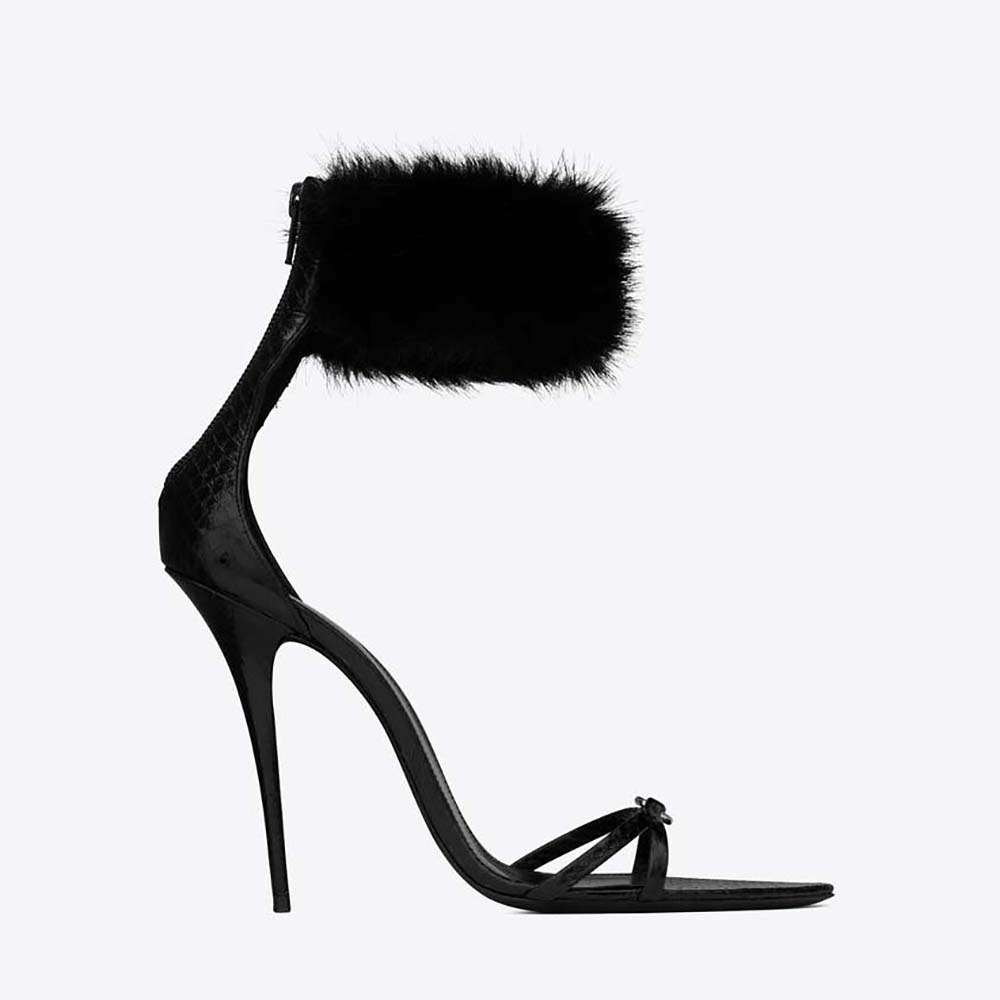 Side view of Saint Laurent YSL Women Satine Sandals in Lacquered Ayers black leather