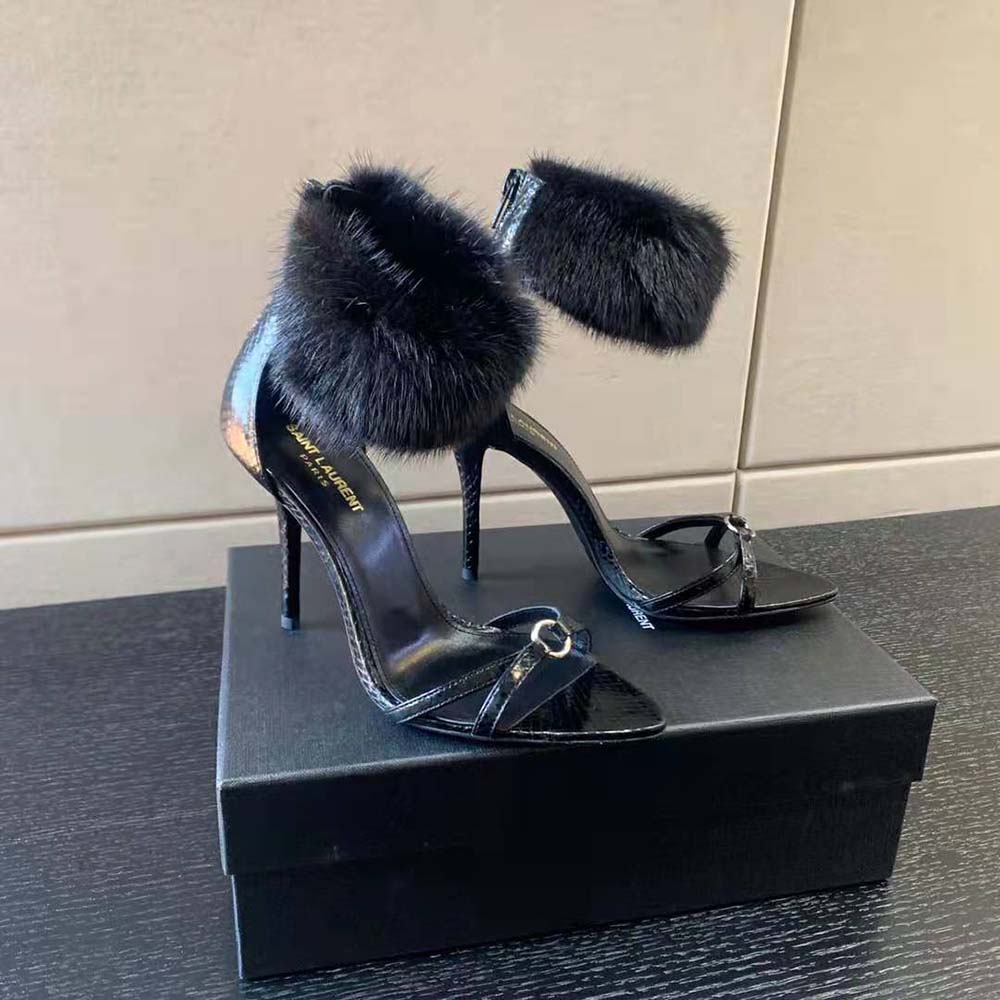 Top angle showing adjustable buckle and glossy finish on Saint Laurent YSL Women Satine Sandals