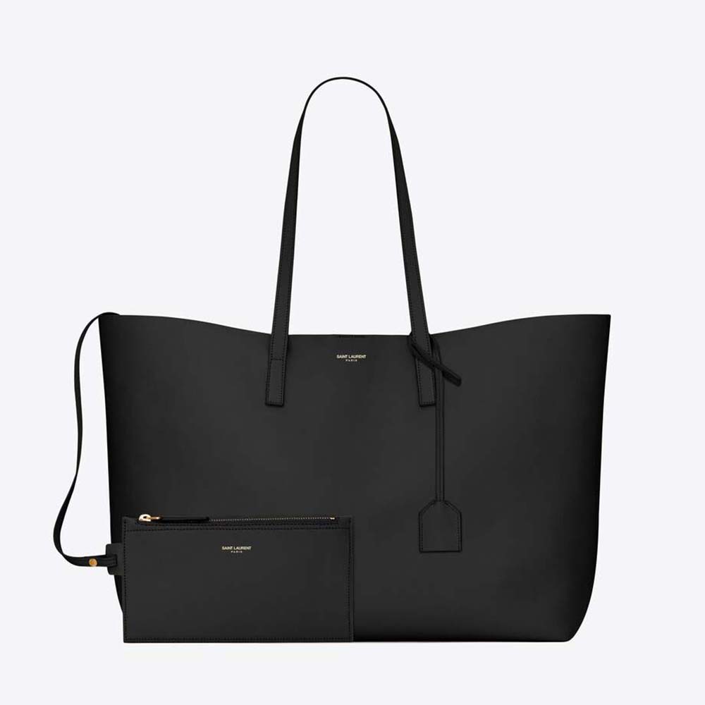 Front view of Saint Laurent YSL Women Shopping Saint Laurent E/W in Supple Leather-Black