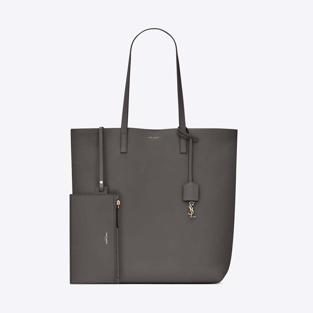 Front view of Saint Laurent YSL Women Shopping Saint Laurent N/S in Supple Leather-Gray
