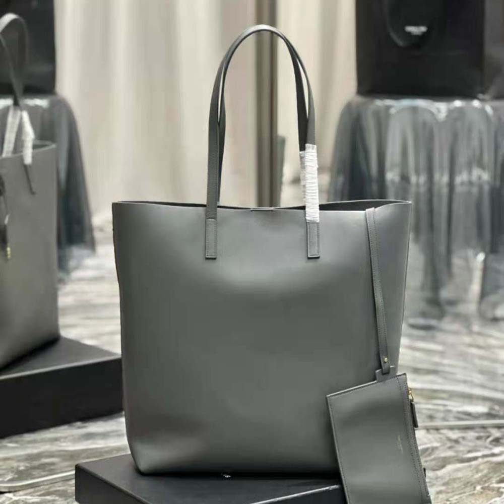Side angle showcasing supple gray leather texture on Saint Laurent YSL Women Shopping Saint Laurent N/S