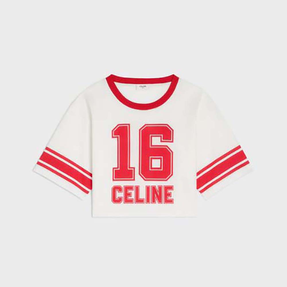 Front view of Celine Women 16 Cropped T-shirt in red cotton jersey