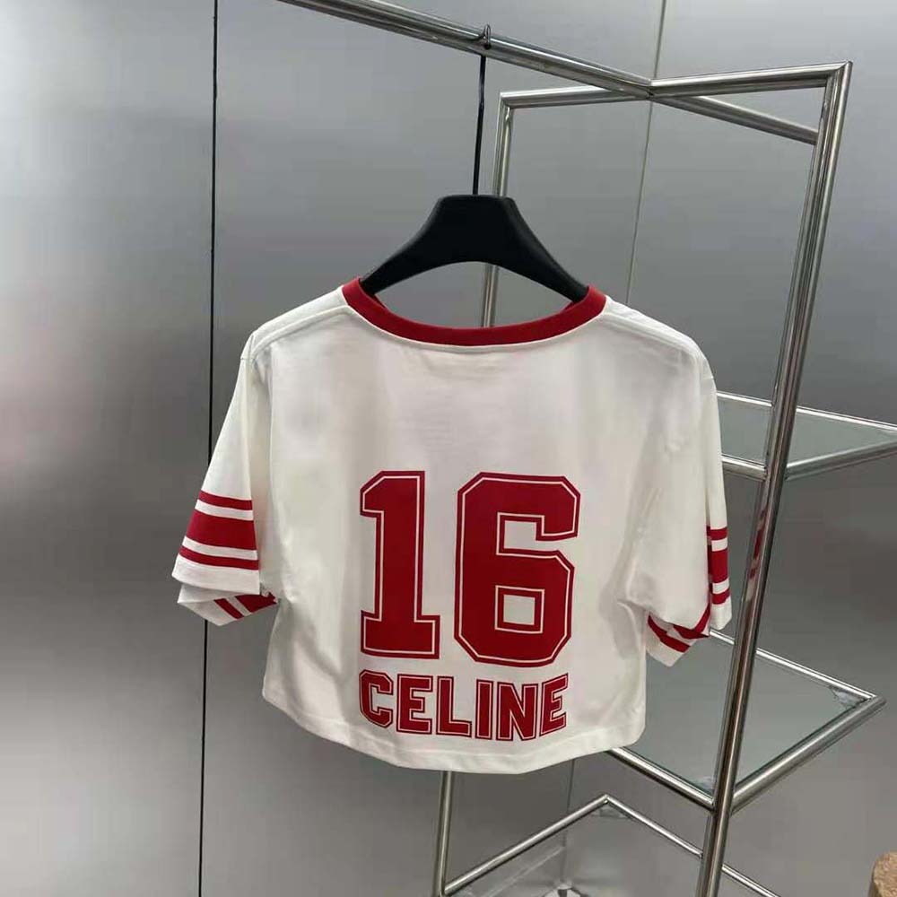 Side angle showing fit and fabric texture of Celine Women 16 Cropped T-shirt