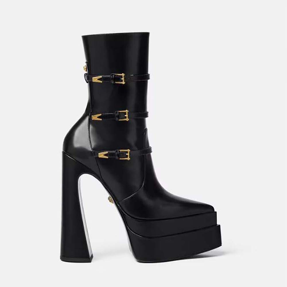 Side view of Versace Women Aevitas Pointy Platform Boots-Black showing silhouette