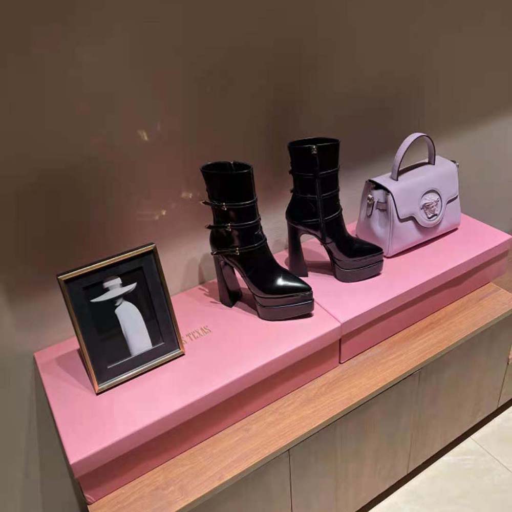 Top-down view highlighting pointed toe on Versace Women Aevitas Pointy Platform Boots-Black